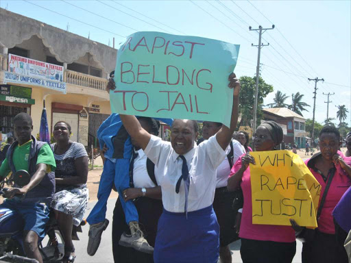 Watamu Women united Sauti ya Wanawake group members demonstrate protesting against increased cases of defilement and rape in the country on June6./ALPHONCE GARI