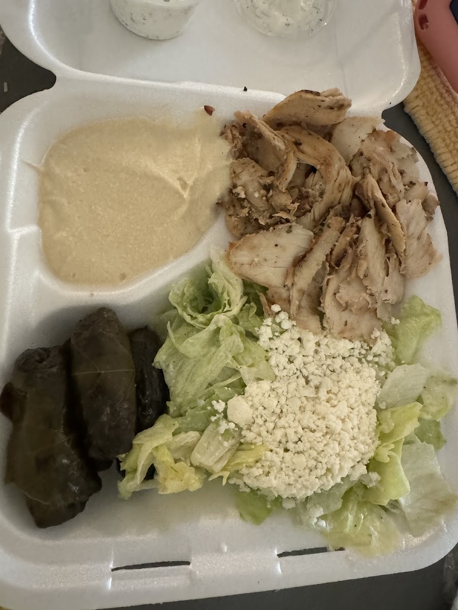 Make your own plate - chicken schwarma, hummus, grape leVes, feta salad with no tomatoes, no pita