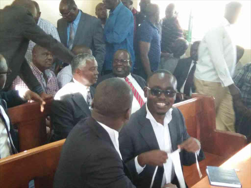 Homa Bay Governor Cyprian Awiti and Deputy Governor Hamilton Orata in court. /ROBERT OMOLLO