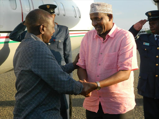 National Assembly Majroty leader and Garissa town MP Aden Duale welcomes the Deputy president at the Garissa airstrip on sunday.