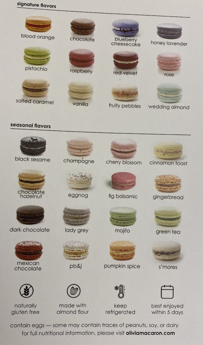 Olivia Macaron gluten-free menu