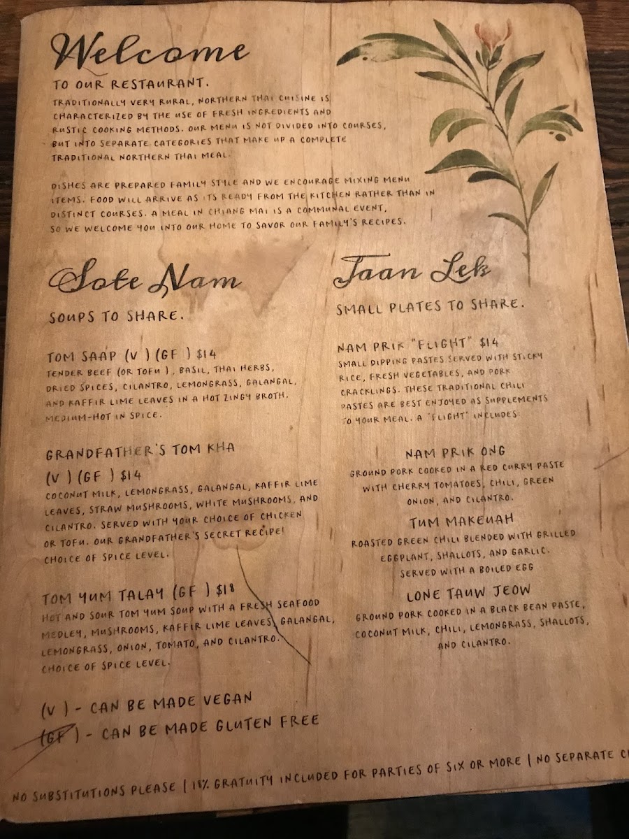 Menu as of 12/30/18