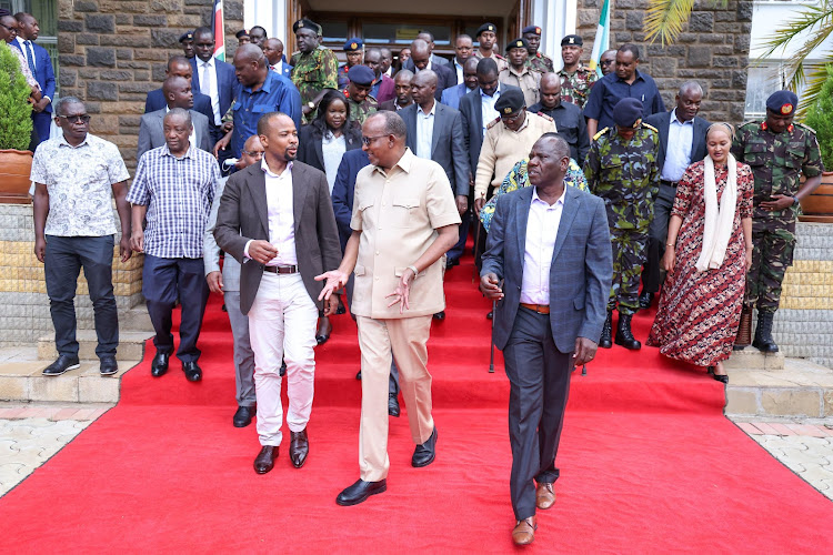 Defence Cabinet Secretary Aden Duale and Lands PS Nixon Korir in Eldoret on March 28, 2024