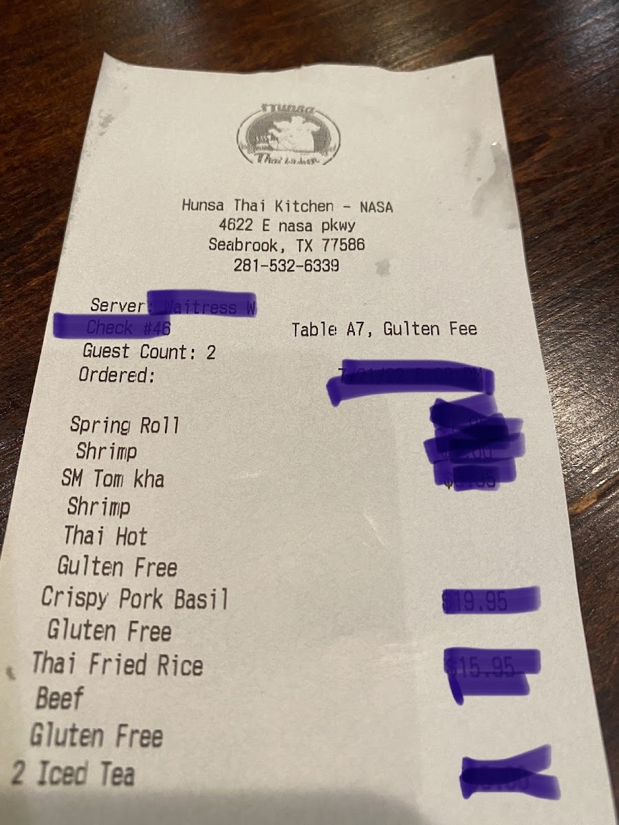 Receipt showing clearly that we are Gluten Free