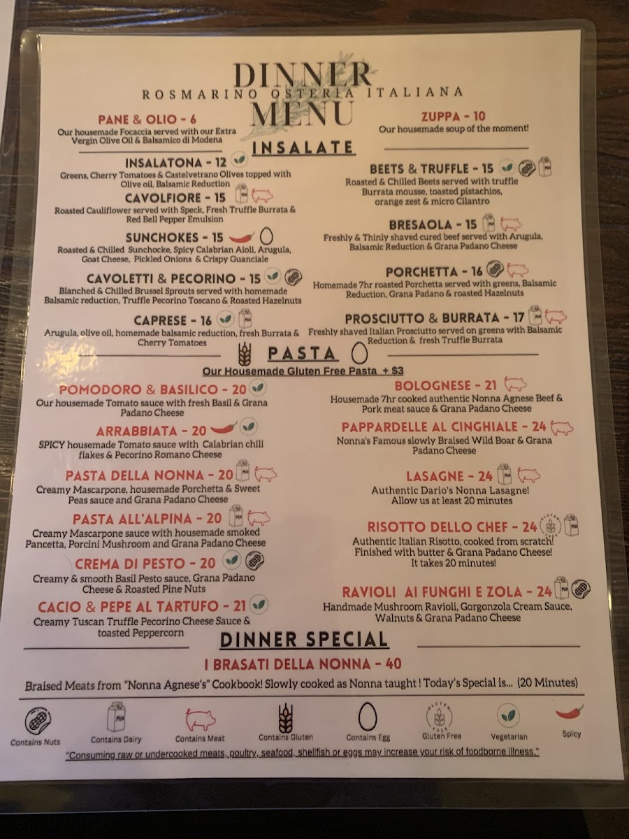 Rosmarino Osteria Italiana gluten-free menu