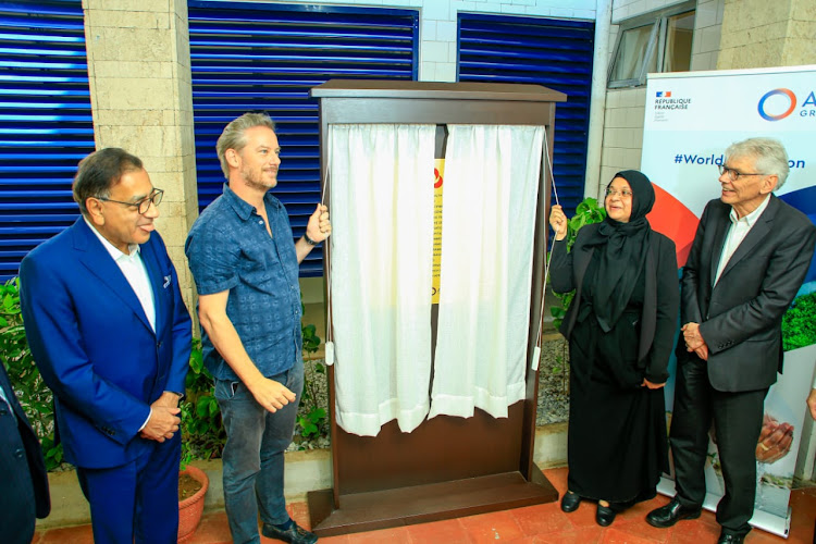 Aga Khan Health Services chair Moyez Alibhai, French Anbassador to Kenya Arnaud Suquet, Mombasa county health executive Swabah Ahmed and Aga Khan Development Network heath director Gijs Walraven at the newly refurbished Aga Khan Hospital, Mombasa on Thursday.