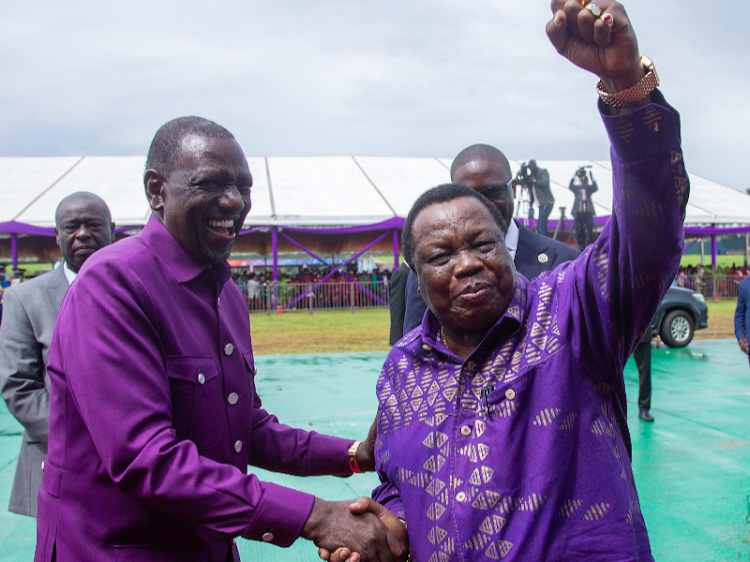 President William Ruto greeting Cotu Boss Francis Atwoli at Uhuru Gardens ahead of Labour Day celebrations on May 1, 2024.