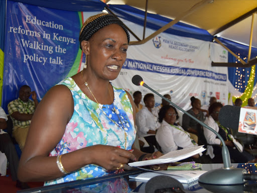 Teachers’ Service Commission CEO Nancy Macharia addresses school heads at Wild Waters, Mombasa, during the 42nd Kenya Secondary Schools Heads’ Association Annual Conference yesterday / JOHN CHESOLI