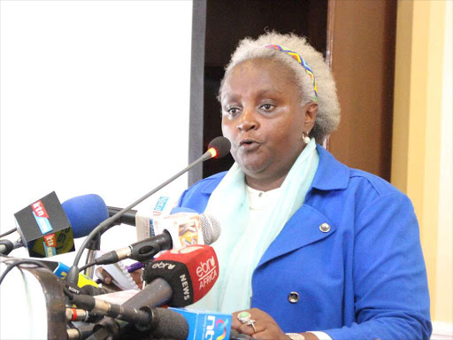 KNCHR chairperson Kagwiria Mbogori addresses journalists at Sarova stanley hotel in Nairobi, June 20, 2018. /EZEKIEL AMING'A