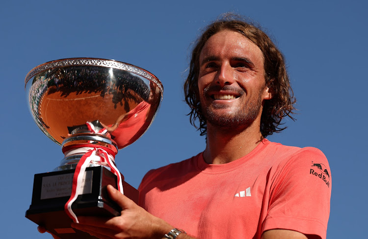 Stefanos Tsitsipas with the trophy after beating Casper Ruud in the Monte Carlo Masters on Sunday. Picture: GETTY IMAGES/JULIAN FINNEY
