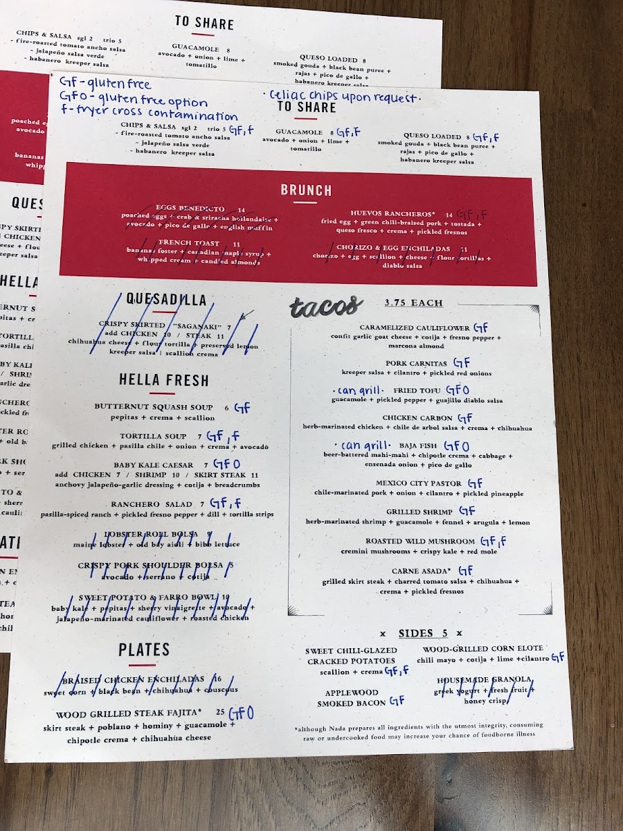 Nada gluten-free menu