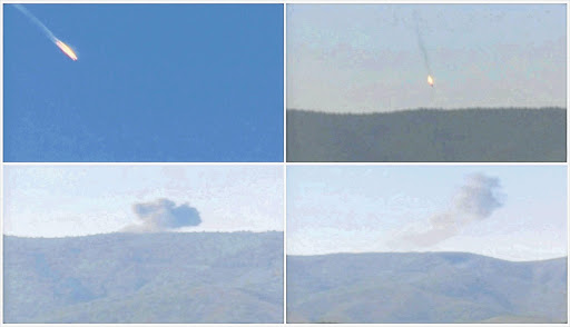 TRESPASSERS WILL BE OBLITERATED: Frames from a video clip show a Russian warplane crashing in flames in northern Syria after being shot down by Turkish fighter jets near the Turkish-Syrian border yesterday. Turkey said the Russian pilot had been warned repeatedly that he had entered Turkish air space