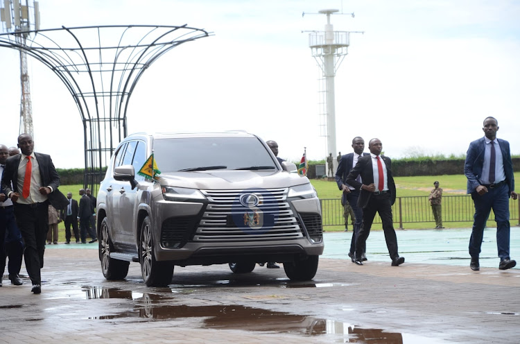 President William Ruto arrives with the 2024 Lexus LX600 during the labour day celebration at Uhuru Gardens on May 1, 2024.