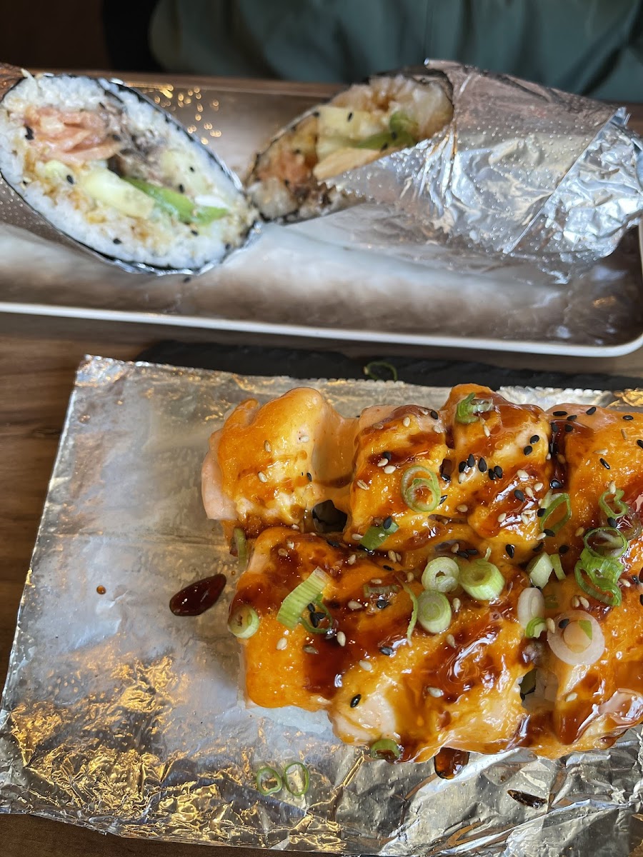 Baked salmon roll, and one of the burritos!