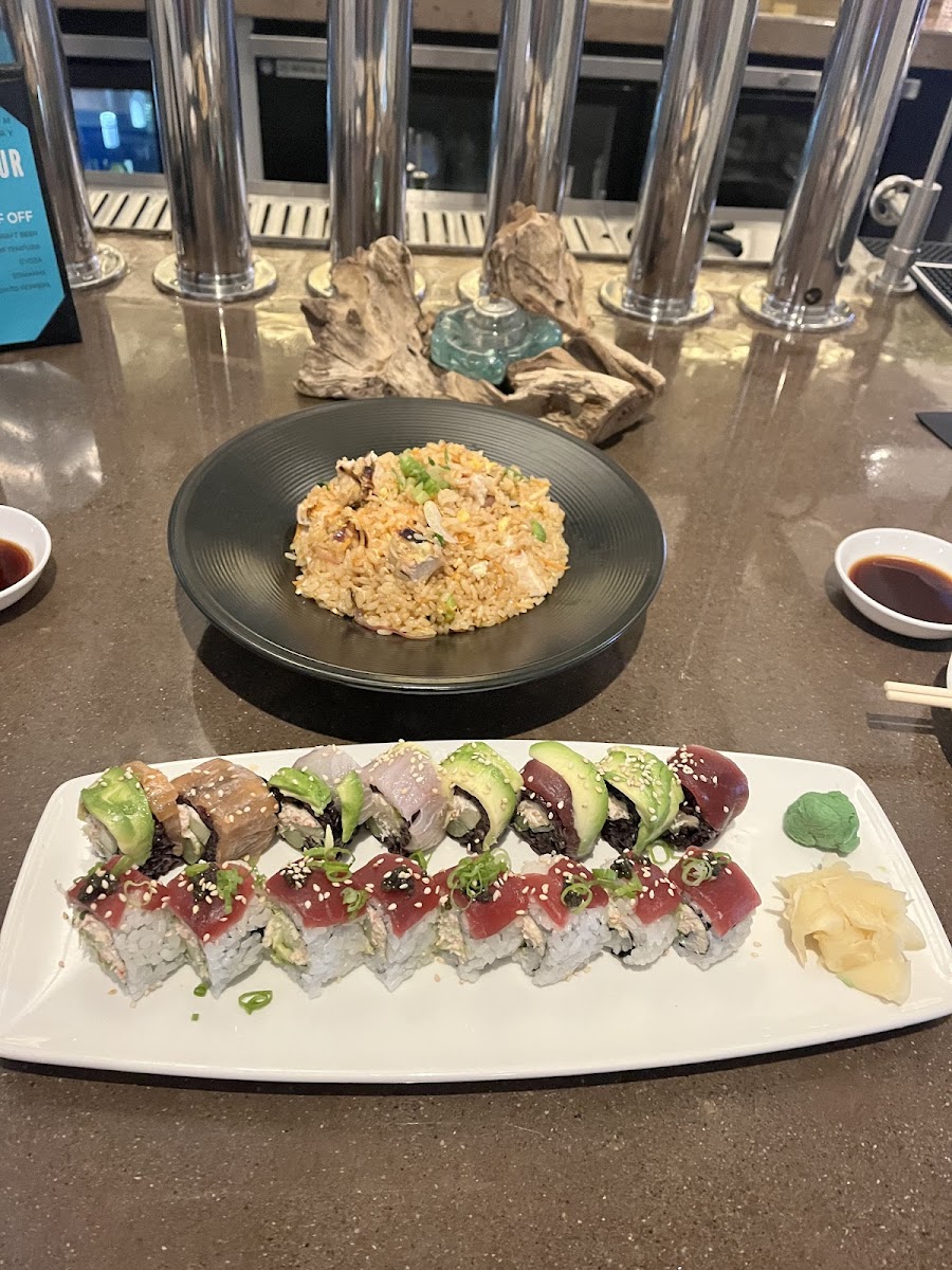 Chicken fried rice, Rainbow roll and Ponzuna roll