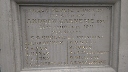 Plaque at the North Melbourne Town Hall Free & Public Library Erected by Andrew Carnegie ESQ 22nd February 1911. Committee C. C. Cockerill President H. E. Bastings               W.G. SWIFT S. H....