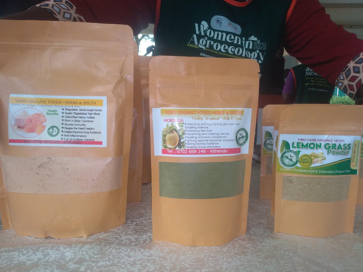 Some of the value added products Victoria Mumo, a small-scale farmer from Kithimani village, Yatta sucounty in Machakos county showcased during Women in Agroecology Expo at Makerere Univerisy in Kampala.