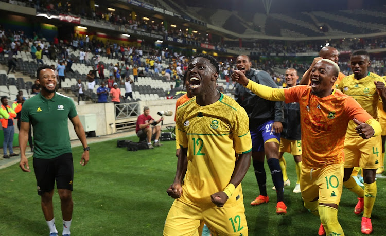 Bafana Bafana's Bongukuhle Hlongwane celebrates his goal with teammates in the international friendly match against Mozambique at Mbombela Stadium on November 17 2022.