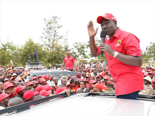 Deputy President William Ruto during campaigns for the Jubilee Party in Ukambani, July 1, 2017. President Uhuru Kenyatta was also present. /PSCU