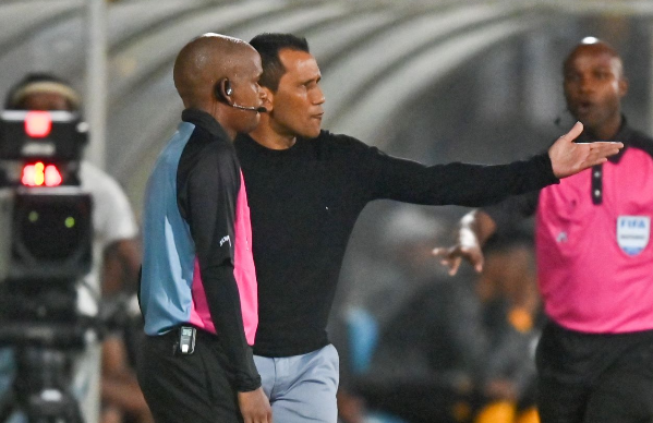 Maritzburg United coach Fadlu Davids appeals to the assistant referee during the DStv Premiership match against Kaizer Chiefs at Harry Gwala Stadium on March 18 2023.