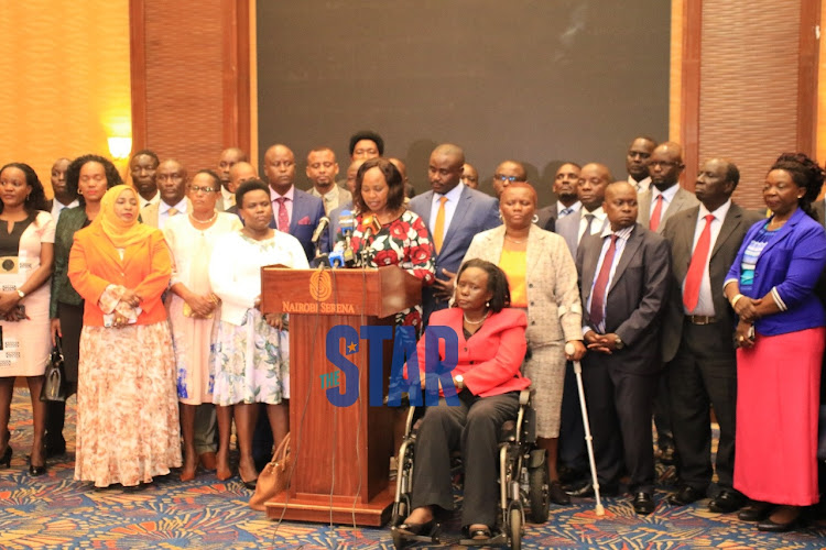 A section of MPs and senators who demanding DP Ruto's resignation for allegedly disrespecting the President. They met at the Serena Hotel in Nairobi on March 11.