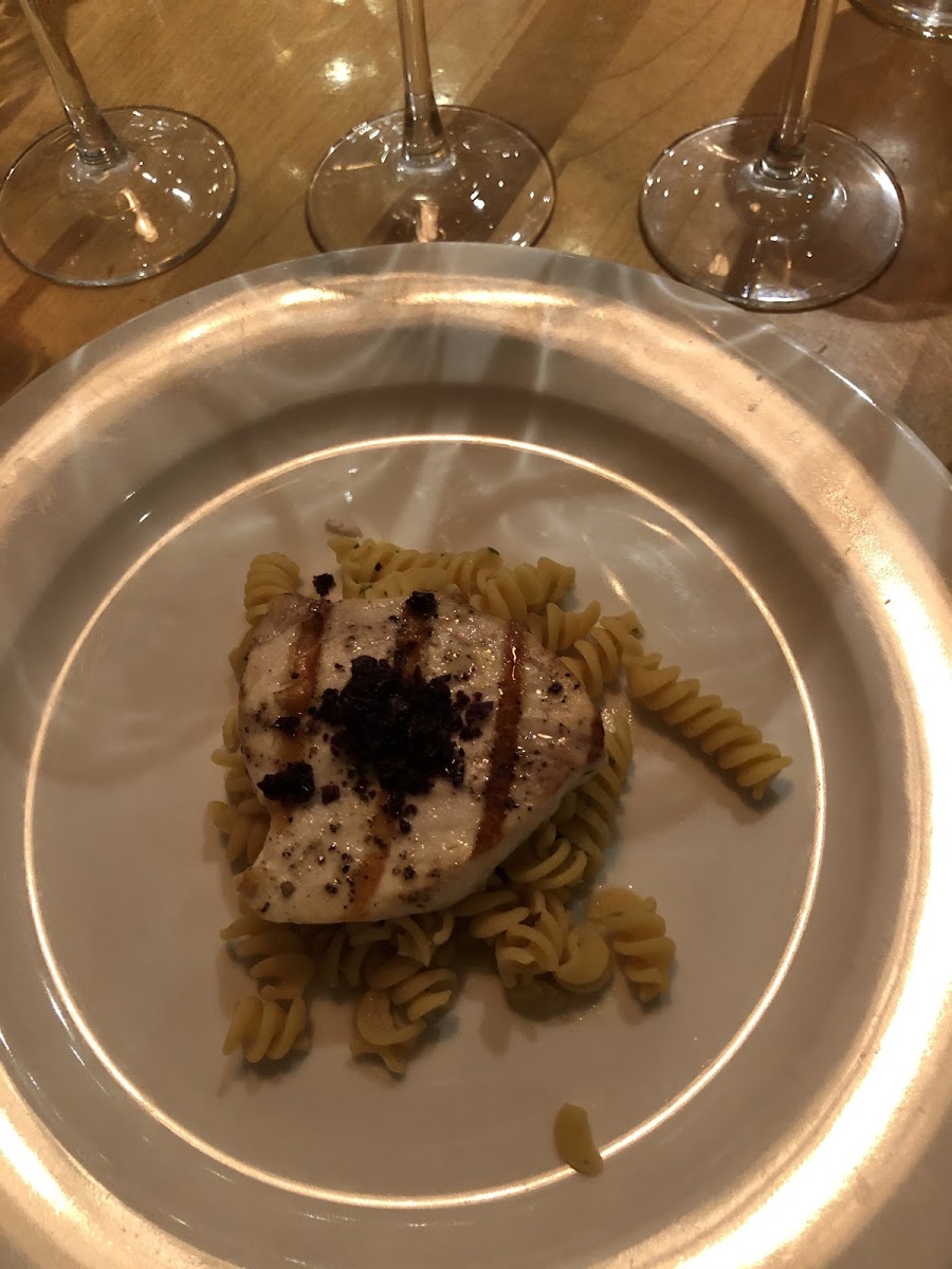 Swordfish with chickpea pasta with kalamata olive