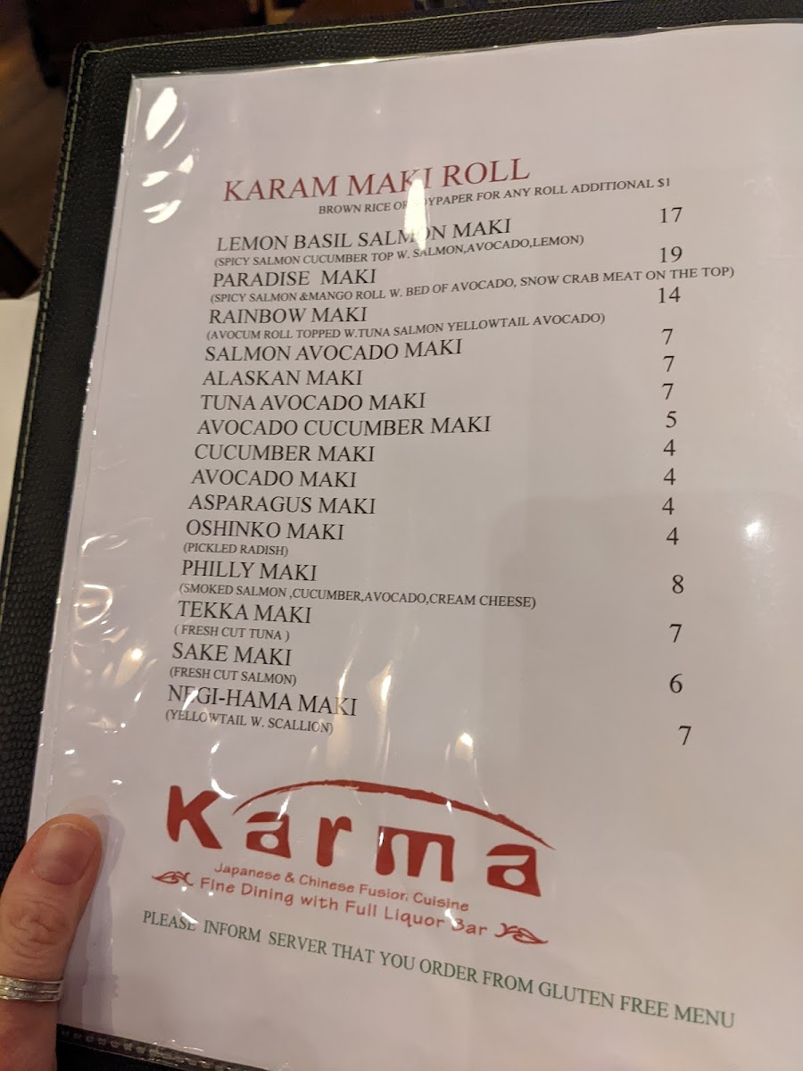 Karma Westford gluten-free menu