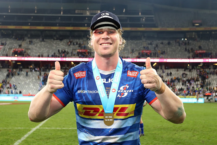 Evan Roos celebrates after the Stormers won the Vodacom United Rugby Championship during Grand Final against the Bulls at Cape Town Stadium in Cape Town.