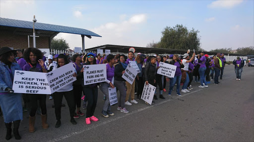 South African Airways cabin crew protesting outside the aircraft carrier's offices at OR Tambo International Airport on 26 April 2017.