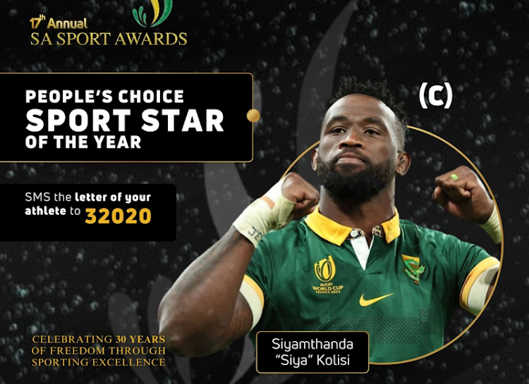 Springbok captain Siya Kolisi is the People's Choice of the Year at the SA Sports Awards.