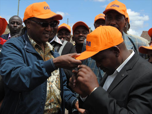 Narok governor aspirant Joseph Tiampati and running mate William Semeiyoi in Narok town on Wednesday / KIPLANGAT KIRUI