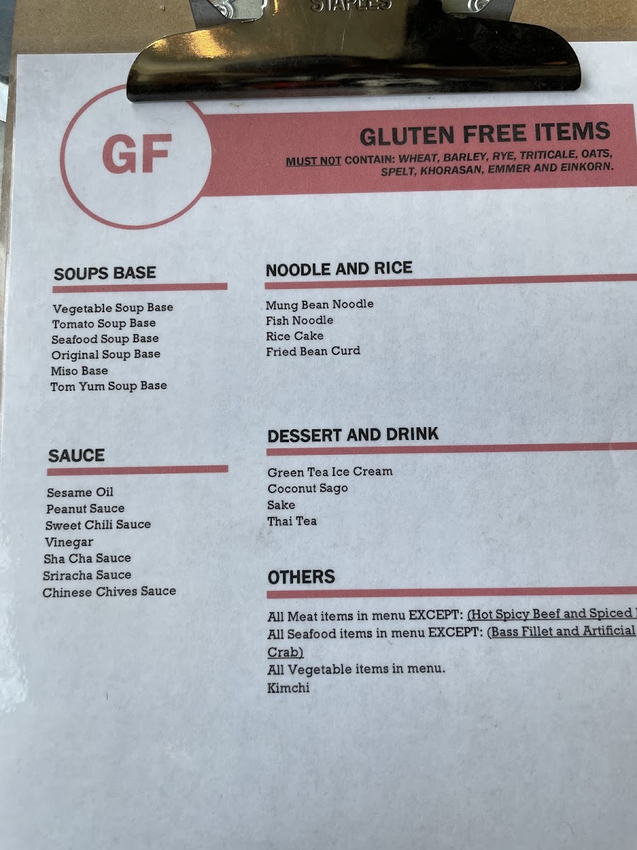 Urban Hot Pot gluten-free menu