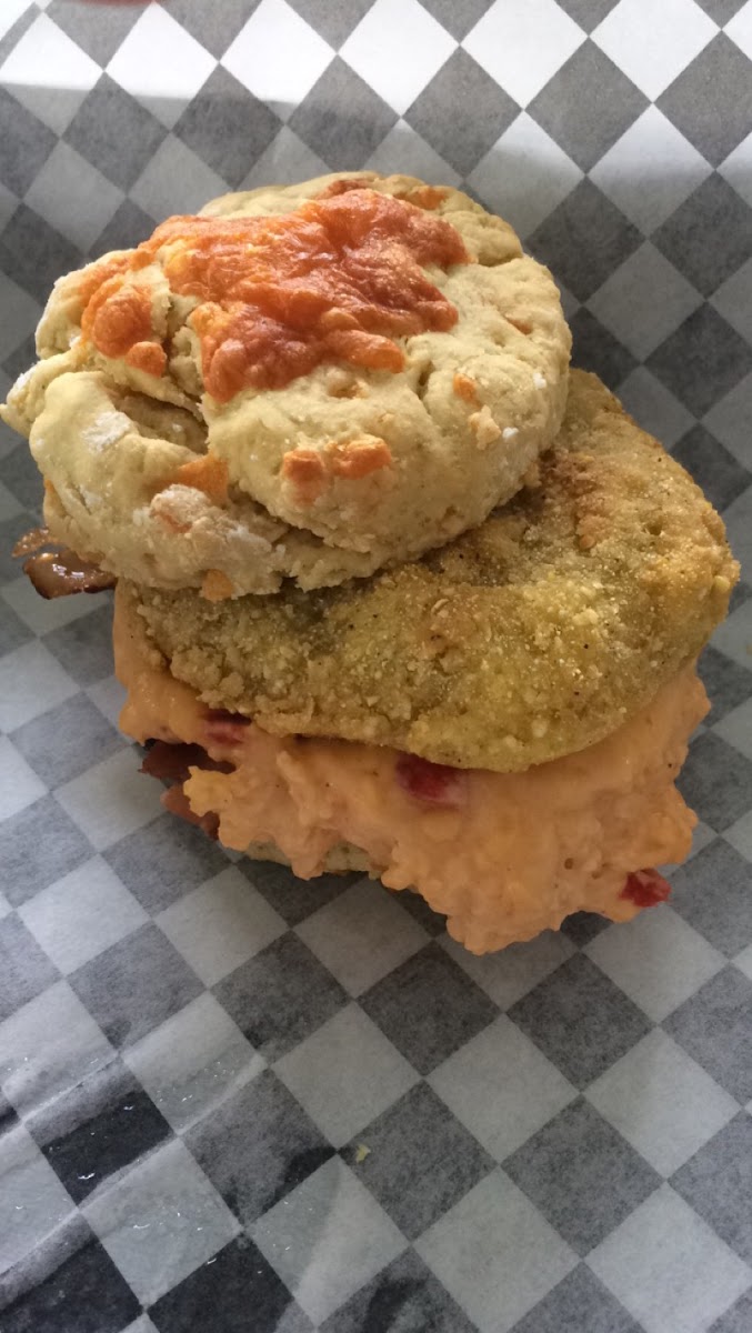 Pimento Cheese, Bacon and Fried Green Tomatoes on a Cheddar Biscuit