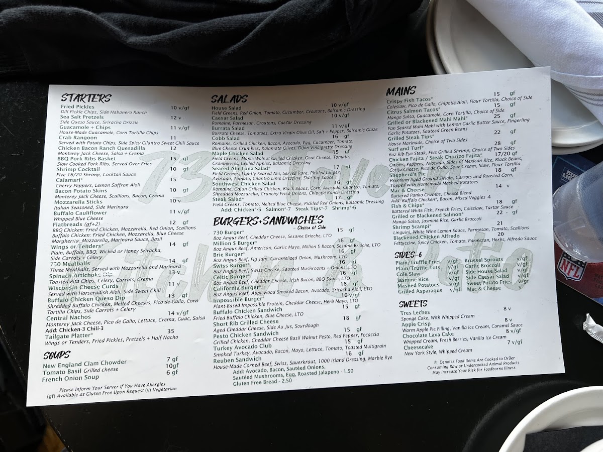 730 Tavern, Kitchen & Patio gluten-free menu