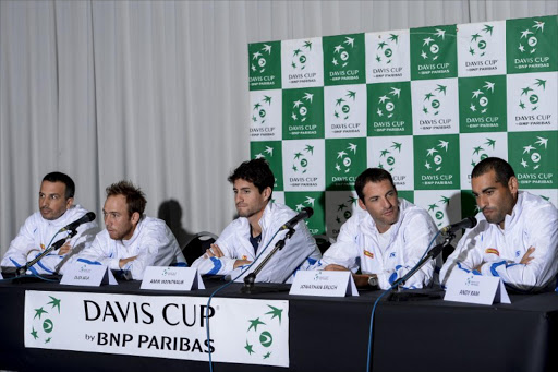(FromL) Israel's captain Eyal Ran and players Israeli Dudi Sela, Israeli Amir Weintraub, Israeli Jonathan Erlich and Israeli Andy Ram attend a press conference of the Israel national tennis team. File photo