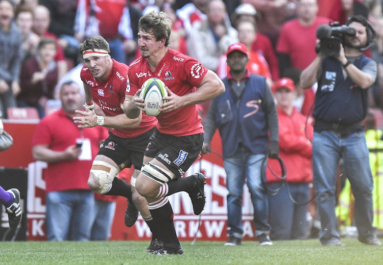 Kwagga Smith of the Emirates Lions on the attack during the Super Rugby Semifinal match between Lions and Hurricanes at the Ellis Park Stadium in Johannesburg on 29 July 2017.