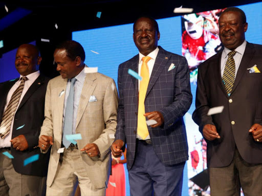 NASA principals Raila Odinga, Musalia Mudavadi, Kalonzo Musyoka and Isaac Rutto during the launch of the coalition's manifesto in Nairobi, June 27, 2017. /REUTERS