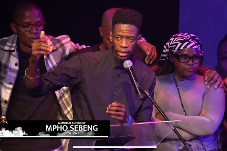 [L-R] Thato Dithebe, Robot Boii, and Mandz Not Hot at Mpho Sebeng's memorial service.