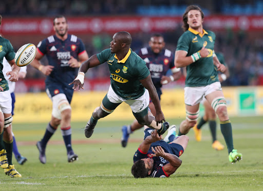 Raymond Rhule of South Africa tackled by Brice Dulin of France during the 2017 Incoming Rugby Series between South Africa and France at Loftus Stadium, Pretoria on 10 June 2017. Gavin Barker/BackpagePix