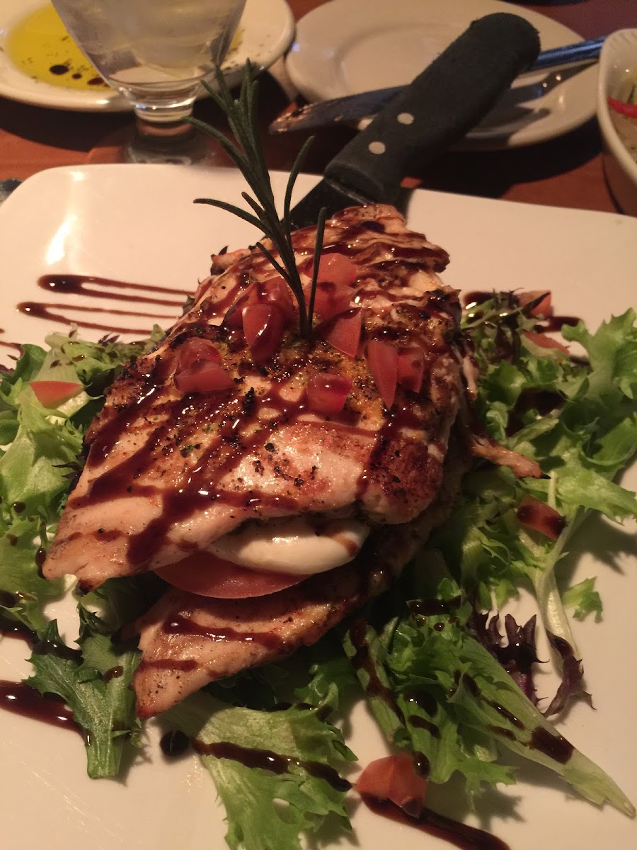 Chicken Abruzzi,  Char-broiled chicken breasts layered with portobello mushrooms, fresh mozzarella, over a field of greens with a balsamic reduction