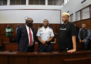 Police minister Bheki Cele, KZN police commissioner Nhlanhla
Mkhwanazi and AKA’s father Tony Forbes in court on Thursday.