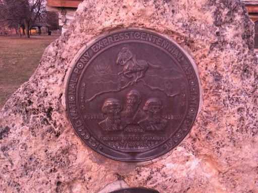 A plaque commemorating the short-lived Pony Express national mail delivery service. NATIONAL PONY EXPRESS CENTENNIAL ASSOCIATION 1860-61 - 1960 SACRAMENTO  --  ST. JOSEPH RUSSELL   MAJORS...