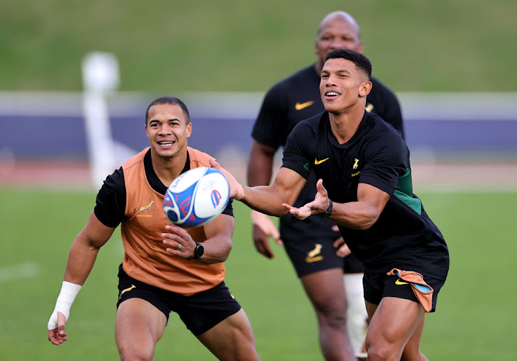 Springbok wingers Kurt-Lee Arendse and Cheslin Kolbe during South Africa's captain's run held at Stade des Fauvettes ahead of their Rugby World Cup France 2023 final against New Zealand. Picture: DAVID ROGERS/GETTY IMAGES