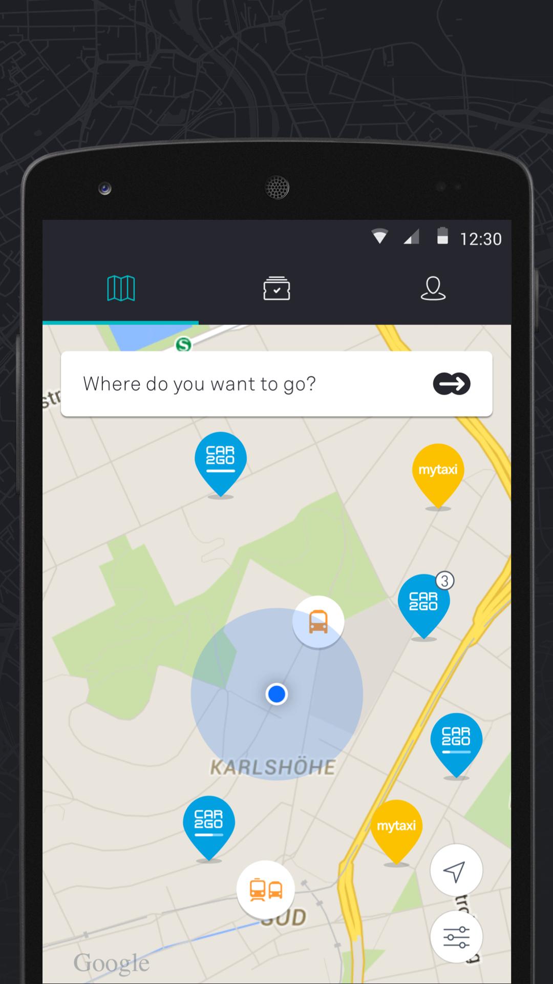 Android application moovel carsharing, bus &amp; train screenshort