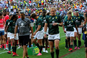 South African players during the match between South Africa and Russia on day 1 of the 2017 HSBC Cape Town Sevens at Cape Town Stadium on December 09, 2017 in Cape Town.