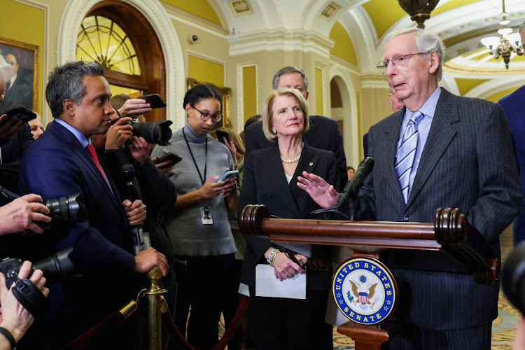 Senate Minority Leader Mitch McConnell takes questions from reporters during a press conference afte the weekly Senate republican caucus luncheons on Capitol Hill in Washington, US, on March 20, 2024. Picture: REUTERS/AMANDA ANDRADE-RHOADES
