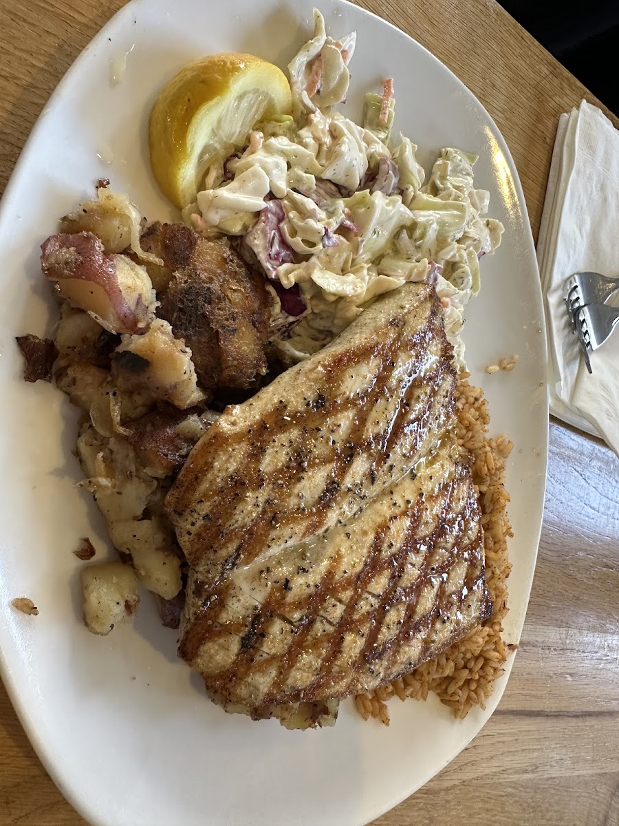 Fresh catch platter with Ono, rice, home potatoes, and Cole slaw