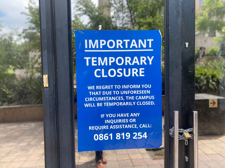 A closure notice at the doors of City Varsity campus in Braamfontein.