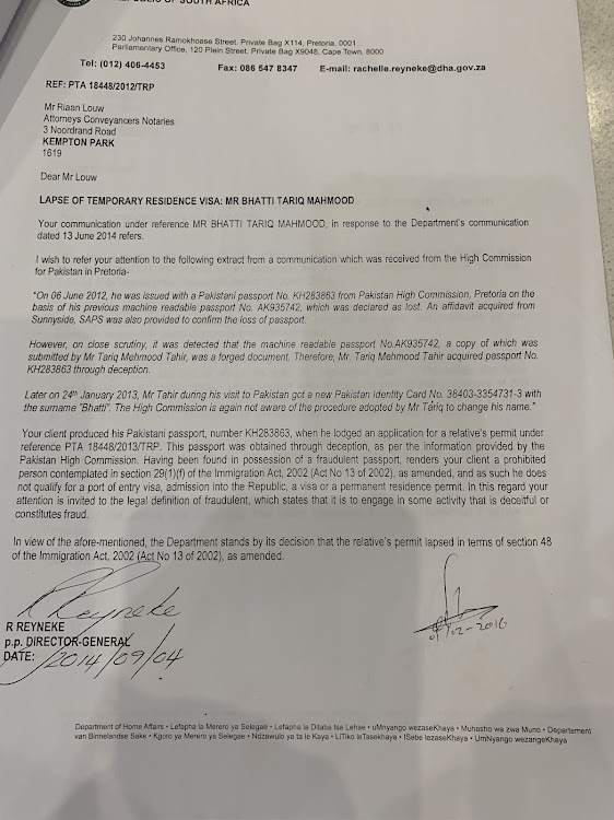 The department of home affairs letter which declares Tariq Baba Tahir prohibited. Based on this letter, which was written in 2014, he should have been deported. He never was.