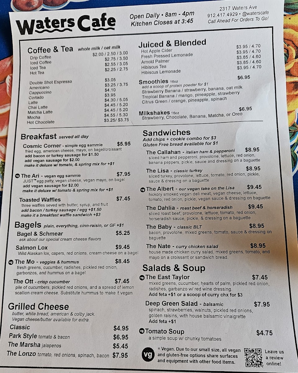 Waters Cafe gluten-free menu